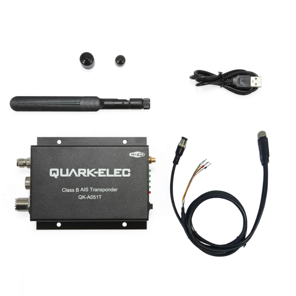 A051T package contents showing transponder unit, cables, WiFi antenna, and accessories